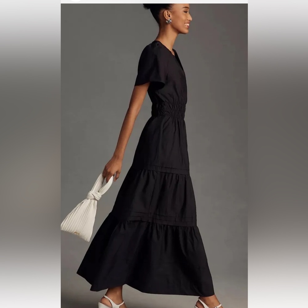 Anthropologie The Somerset Maxi Dress Poplin Edition Tiered Smocked Waist Black